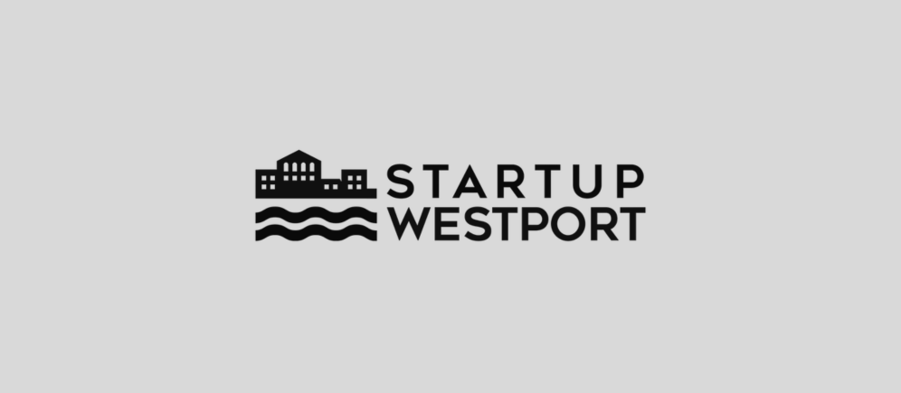 Logo for Startup Westport with a stylized building and water waves