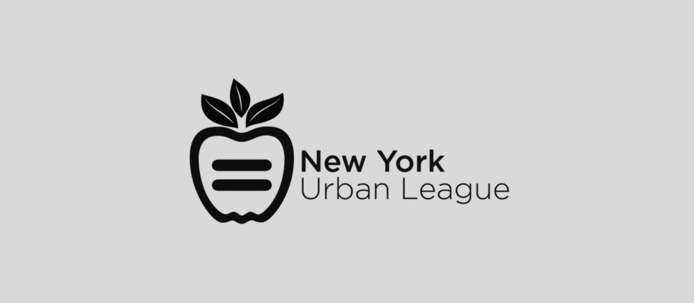 Logo of New York Urban League, featuring a stylized black apple with leaves and two horizontal lines inside, with the text 'New York Urban League' to the right.