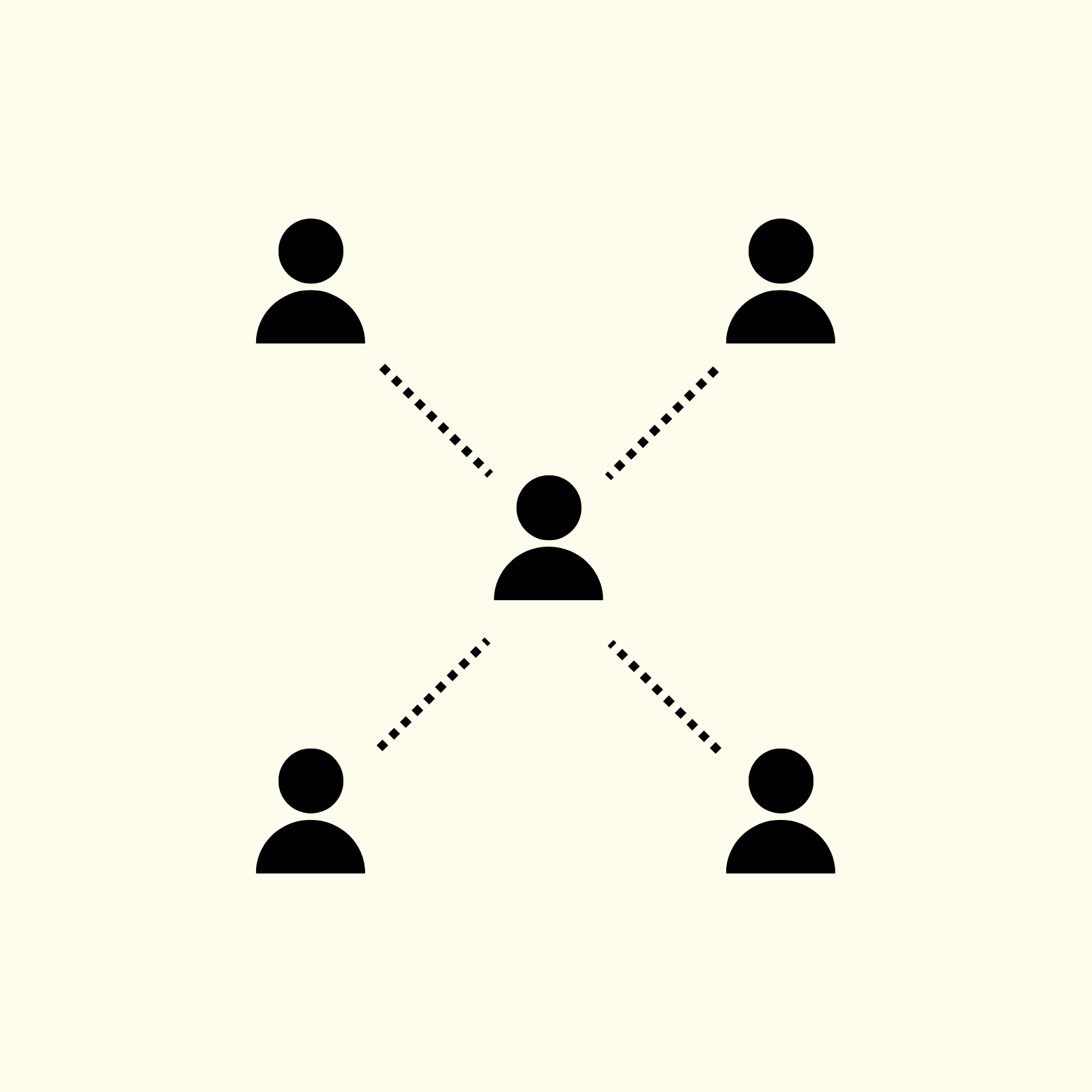 Graphic illustration of a hierarchical network with circles representing people connected by dotted lines.