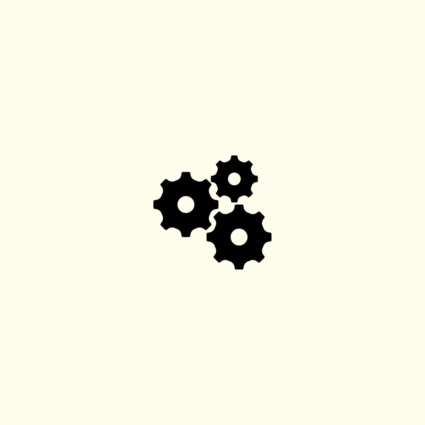 Four black gears overlapping on a light background.