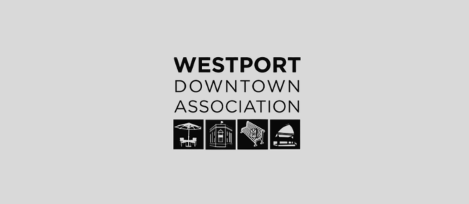Logo for Westport Downtown Association with four black icons of a bench, a building, a fountain, and a boat.