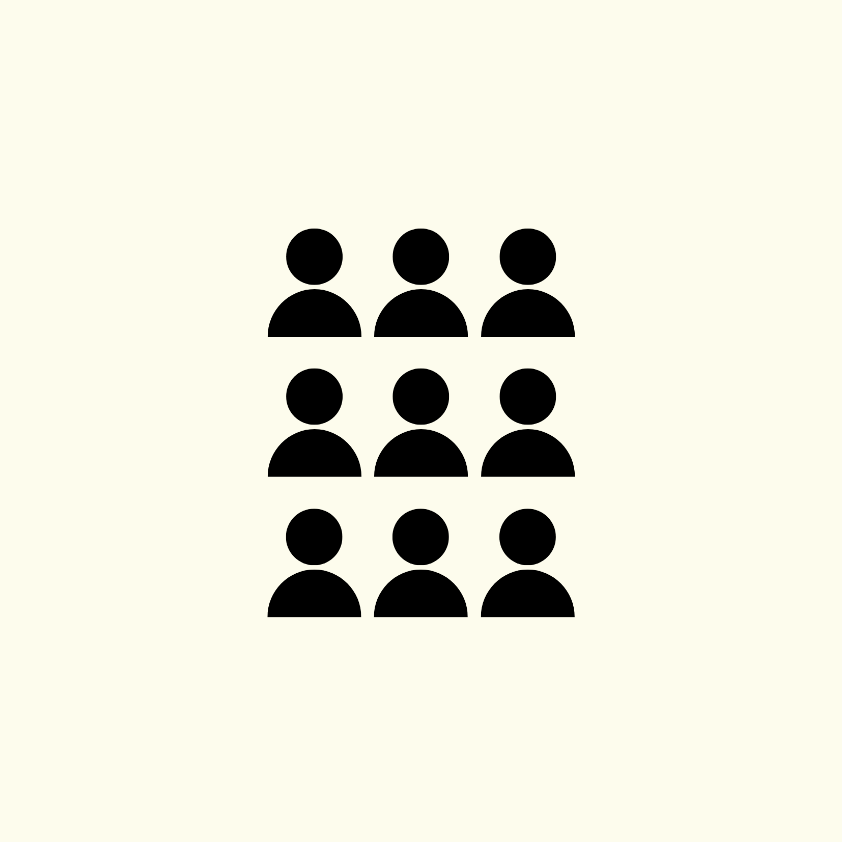 Icon of three stacked rows of three stylized human figures in black on a light background.