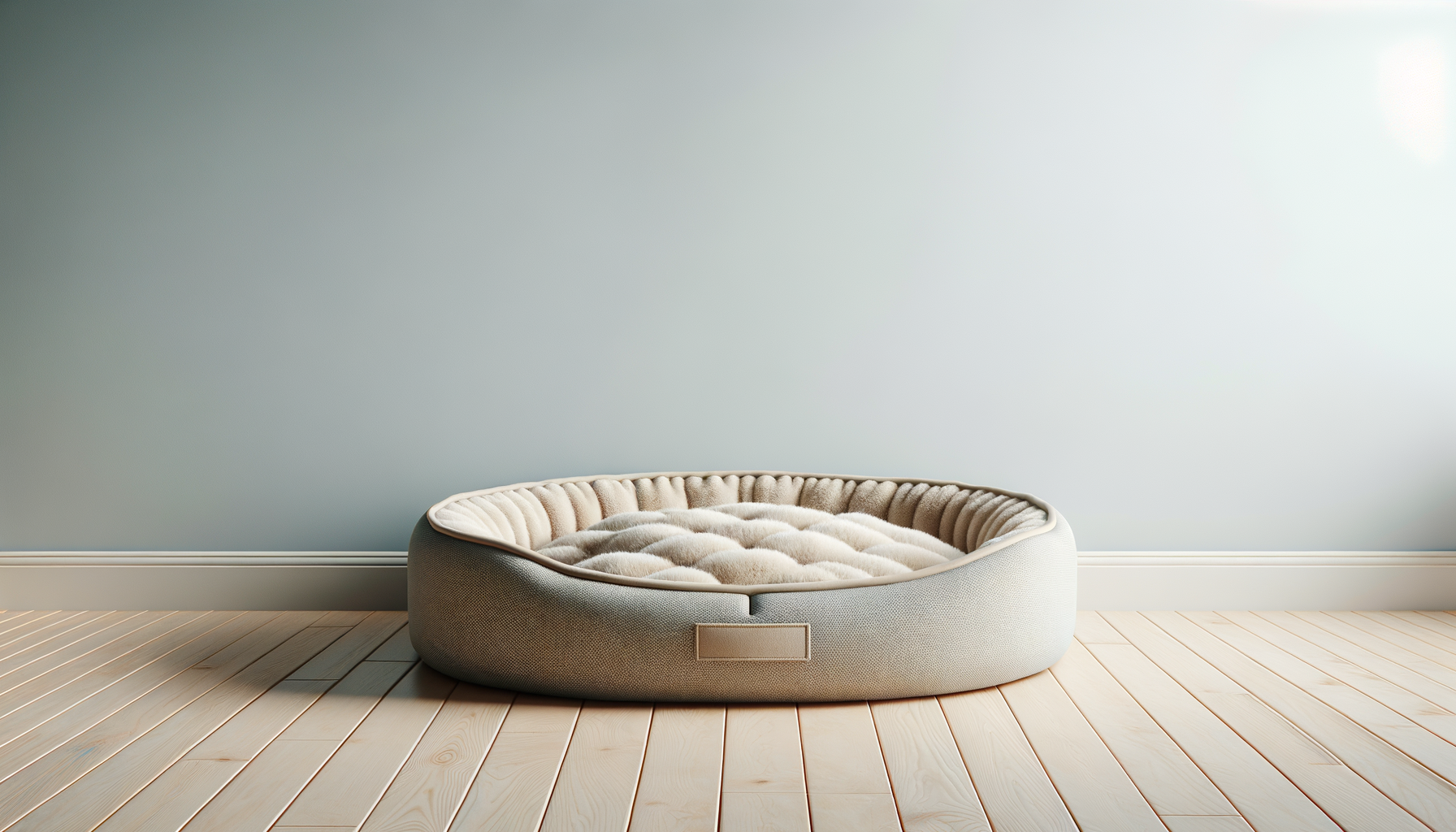 A round, beige pet bed with a plush, tufted cushioning inside, placed on a light wooden floor against a plain light blue wall.