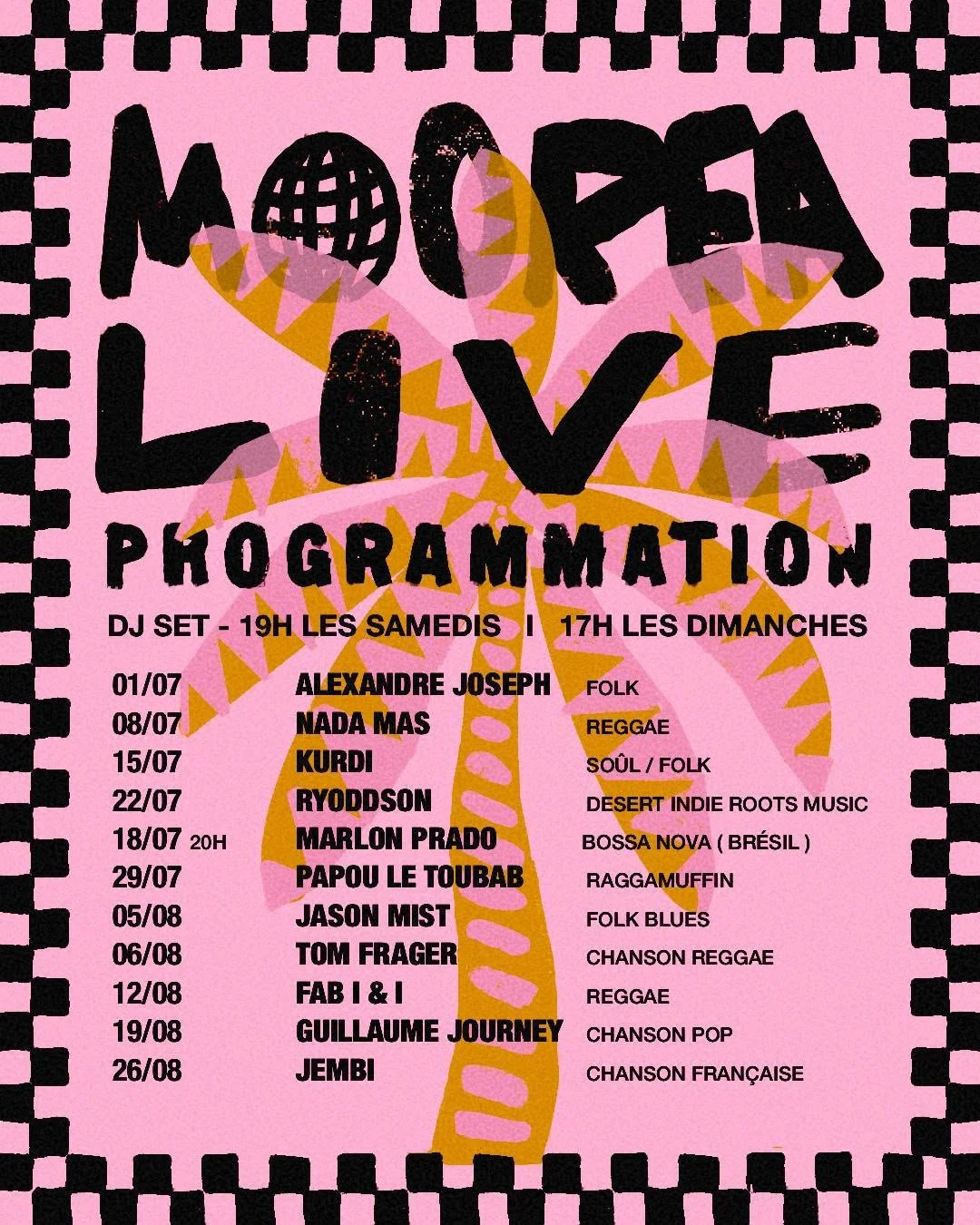 Affiche colorée pour une programmation musicale intitulée "Mères Love" avec un fond rose, un arbre stylisé et un texte listant des artistes et genres musicaux.