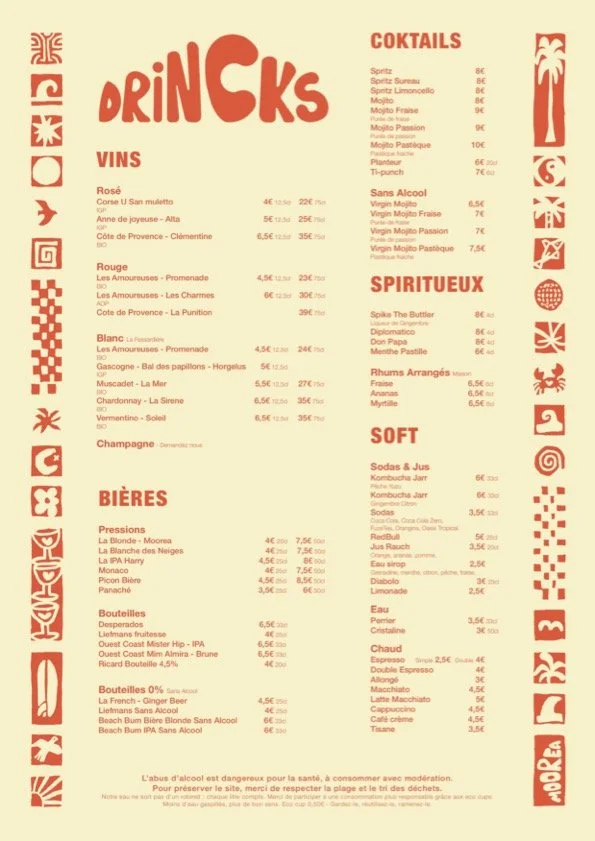 Menu de boissons avec sections pour vins, bières, cocktails, spiritueux, boissons soft, eau, chaud et autres, avec noms, descriptions et prix en euros.