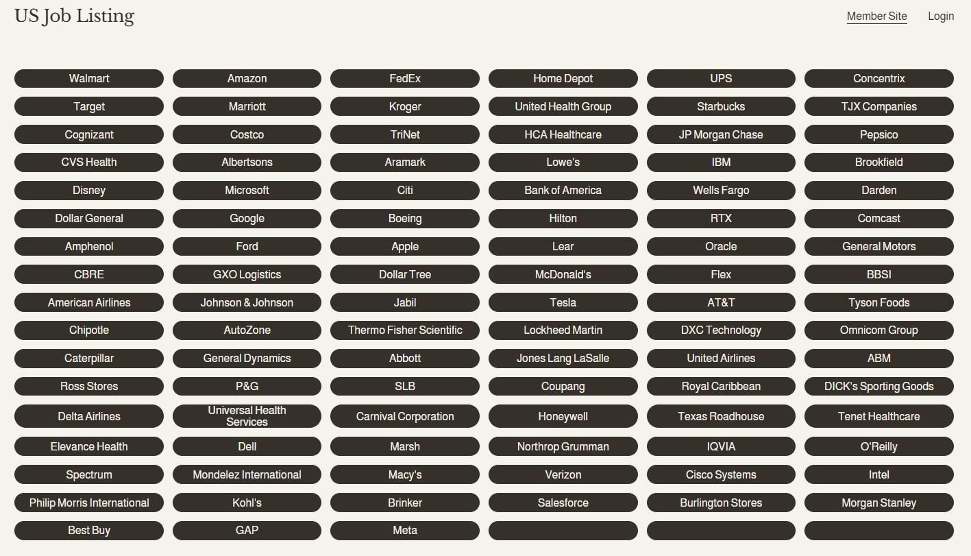 A webpage titled 'US Job Listing' displays many company names organized in columns with black rounded rectangles. Companies include Walmart, Amazon, FedEx, Home Depot, UPS, Concentrix, Target, Marriott, Kroger, United Health Group, Starbucks, TJX Companies, and many others.