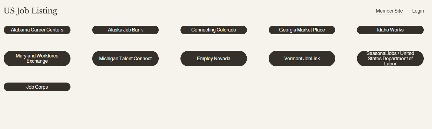 US Job Listing webpage with multiple job links for various states and organizations, such as Alabama Career Centers, Alaska Job Bank, Georgia Market Place, Idaho Works, Maryland Workforce Exchange, Michigan Talent Connect, Employ Nevada, Vermont JobLink, Job Corps, and SeasonalJobs / United States Department of Labor, with top navigation links for Member Site and Login.