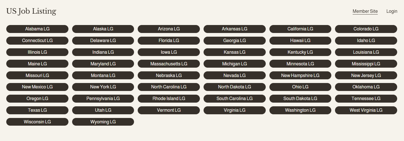 A webpage titled 'US Job Listing' with a list of states and their affiliated LG brands, organized in five columns.