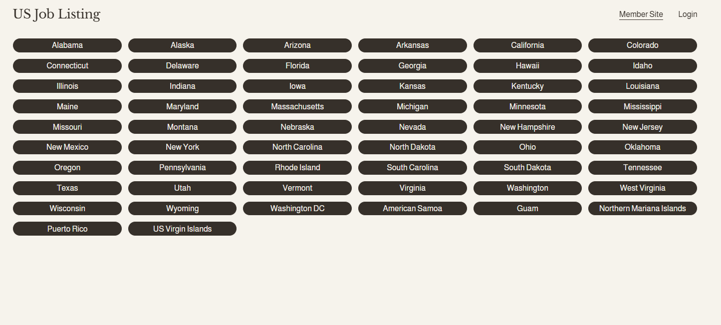 Screenshot of a web page titled 'US Job Listing' with a list of US states arranged in columns. Each state name is inside a black, rounded rectangular button, organized alphabetically from Alabama to Wyoming. There are links for 'Member Site' and 'Login' at the top right.