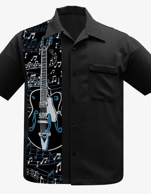 Guitar Panel Bowling Shirt in Black