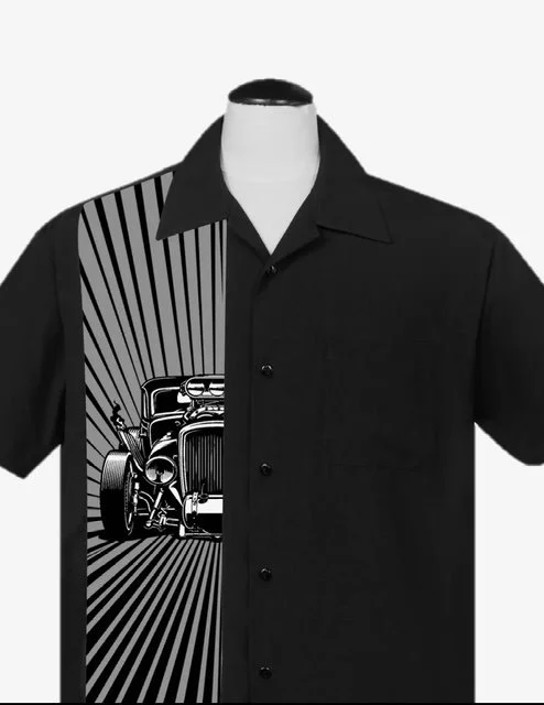 Hod Rod Burst Bowling Shirt in Black