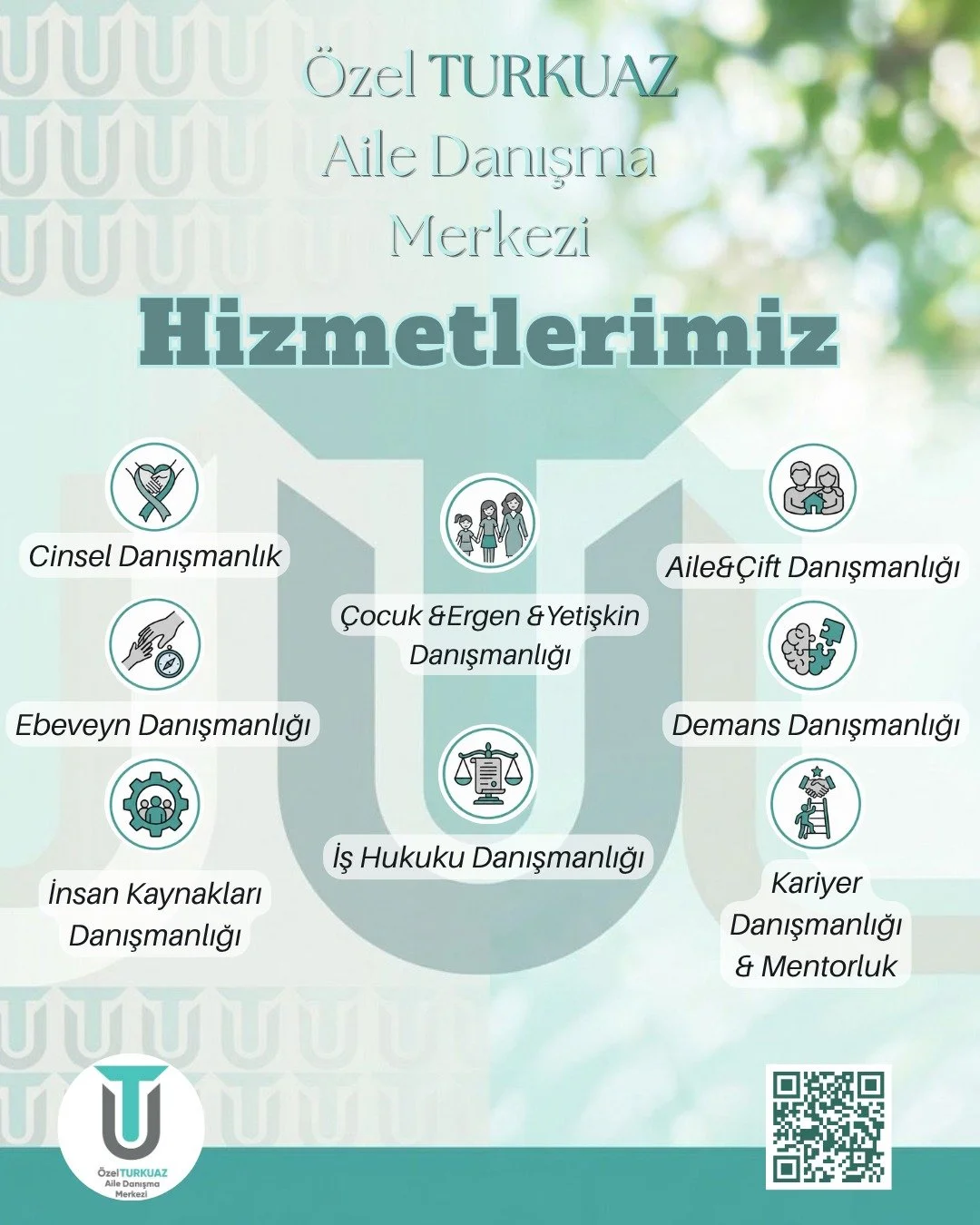 Hayatın her evresinde anlaşılmaya ve doğru y&ouml;nlendirilmeye ihtiya&ccedil; duyarız🌿

&Ouml;zel Turkuaz Aile Danışma Merkezi olarak; bireysel gelişimden aile i&ccedil;i ilişkilere, &ccedil;ocuk ve ergen danışmanlığından kariyer planlamasına kadar