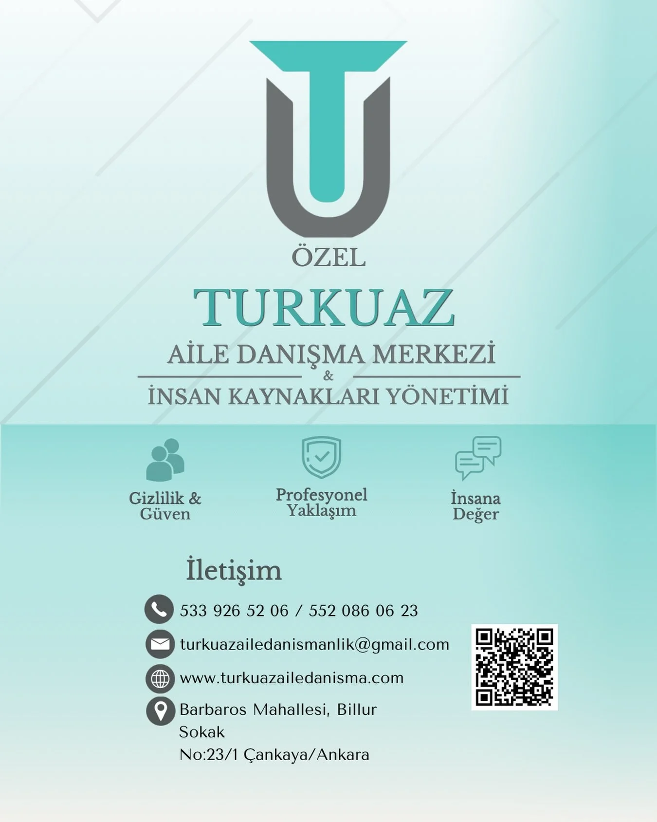 📍 Bireysel, Aile, &Ccedil;ocuk &amp; Ergen ve Kurumsal Danışmanlık
📞 Bilgi ve Randevu: 0552 086 06 23 / 0533 926 52 06
🌐 www.turkuazailedanisma.com