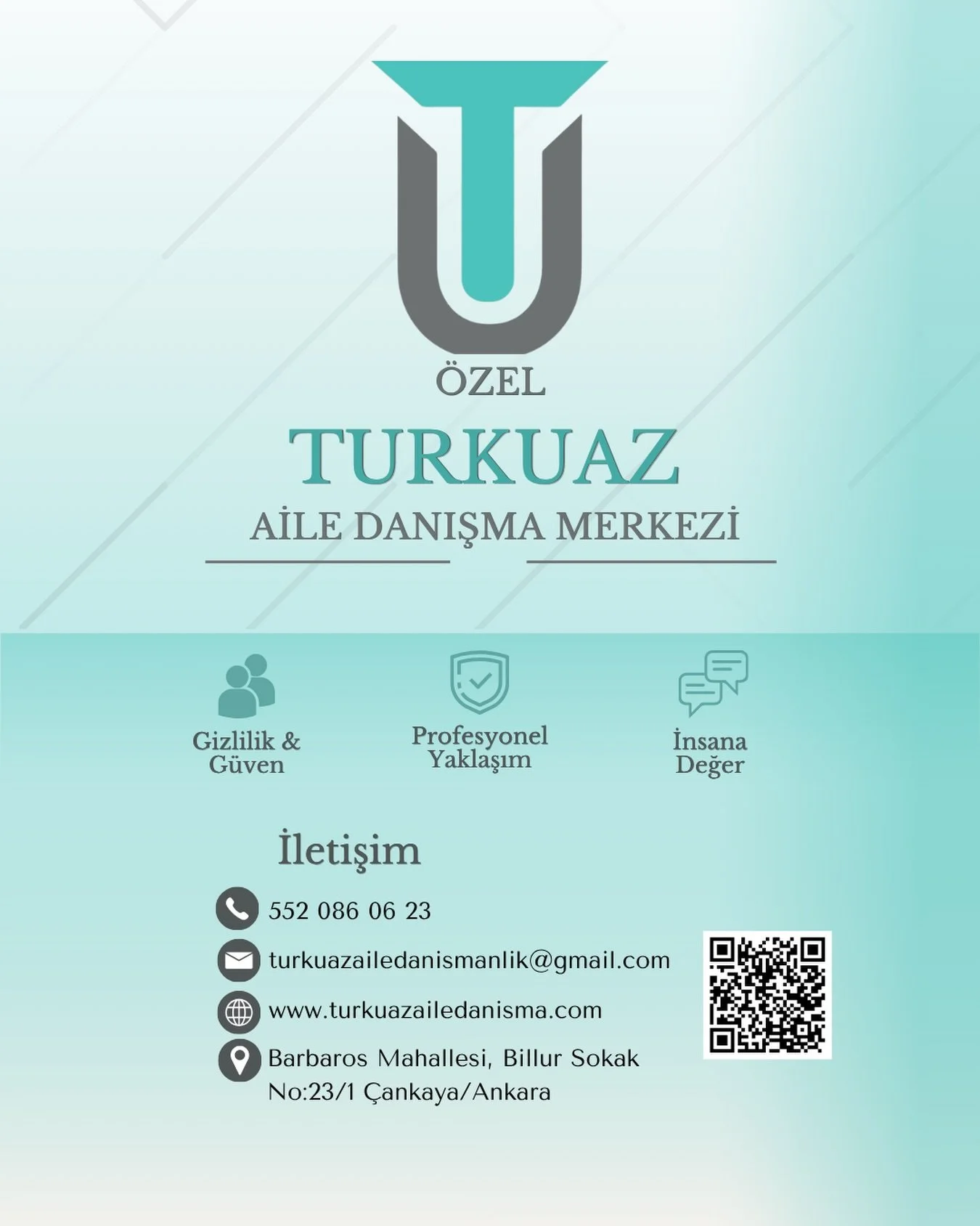 📍 Bireysel, Aile, &Ccedil;ocuk &amp; Ergen Danışmanlık
📞 Bilgi ve Randevu: 0552 086 06 23
🌐 www.turkuazailedanisma.com
