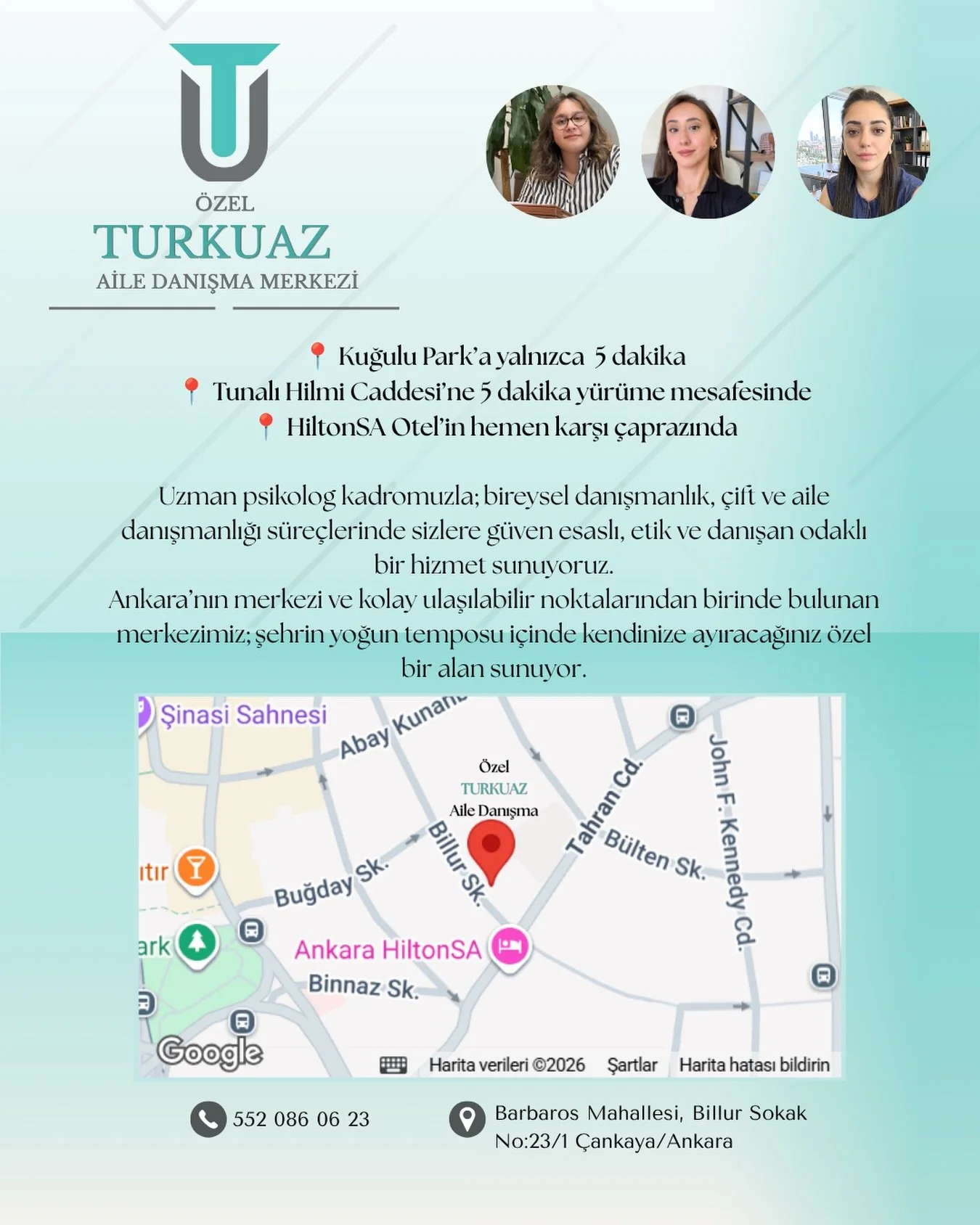 📍 Bireysel, Aile, &Ccedil;ocuk &amp; Ergen Danışmanlık
📞 Bilgi ve Randevu: 0552 086 06 23
🌐 www.turkuazailedanisma.com