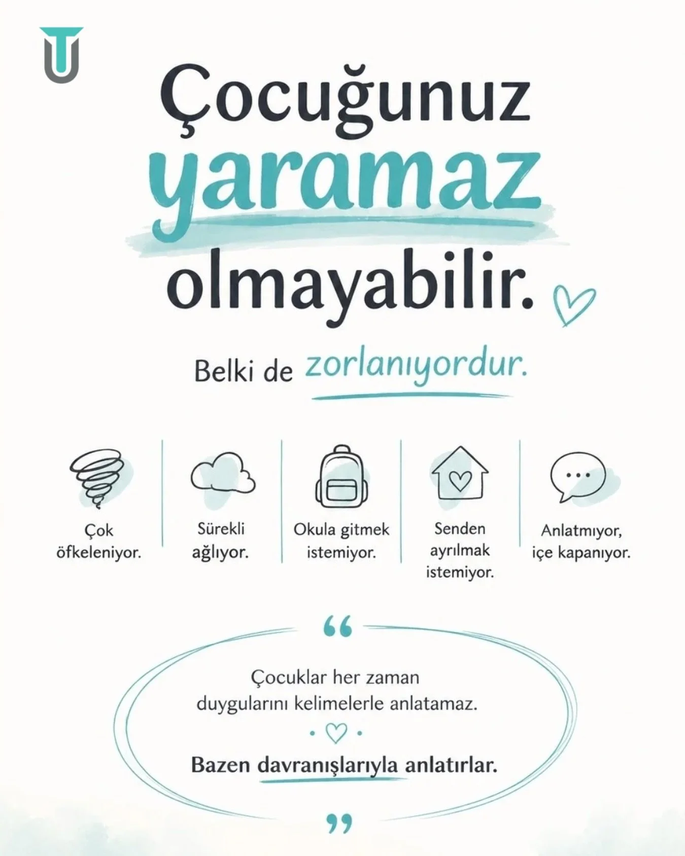 &Ccedil;ocuğunuz yaramaz olmayabilir.

Bazen &ccedil;ocuklar &ldquo;Kaygılıyım&rdquo;, &ldquo;Korkuyorum&rdquo; ya da &ldquo;Zorlanıyorum&rdquo; diyemez.

Bunun yerine davranışlarıyla anlatırlar.

Davranışı değiştirmeden &ouml;nce, onu anlamaya &cced