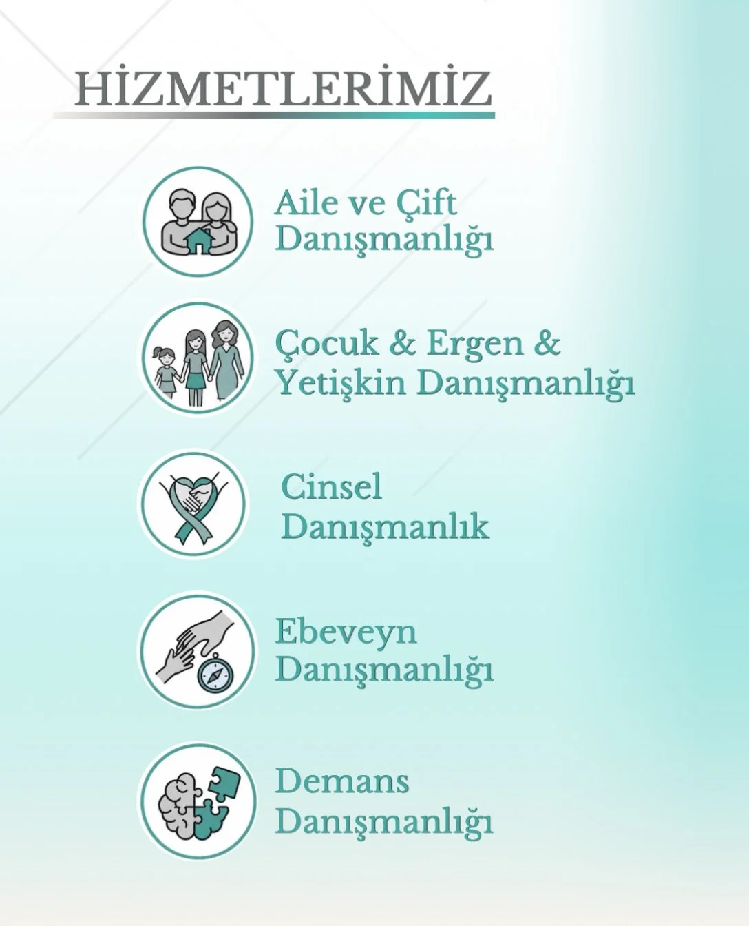 📍 Bireysel, &Ccedil;ift, &Ccedil;ocuk/Ergen ve Demans Danışmanlığı
📞 Bilgi ve Randevu: 0552 086 06 23 
🌐 www.turkuazailedanisma.com