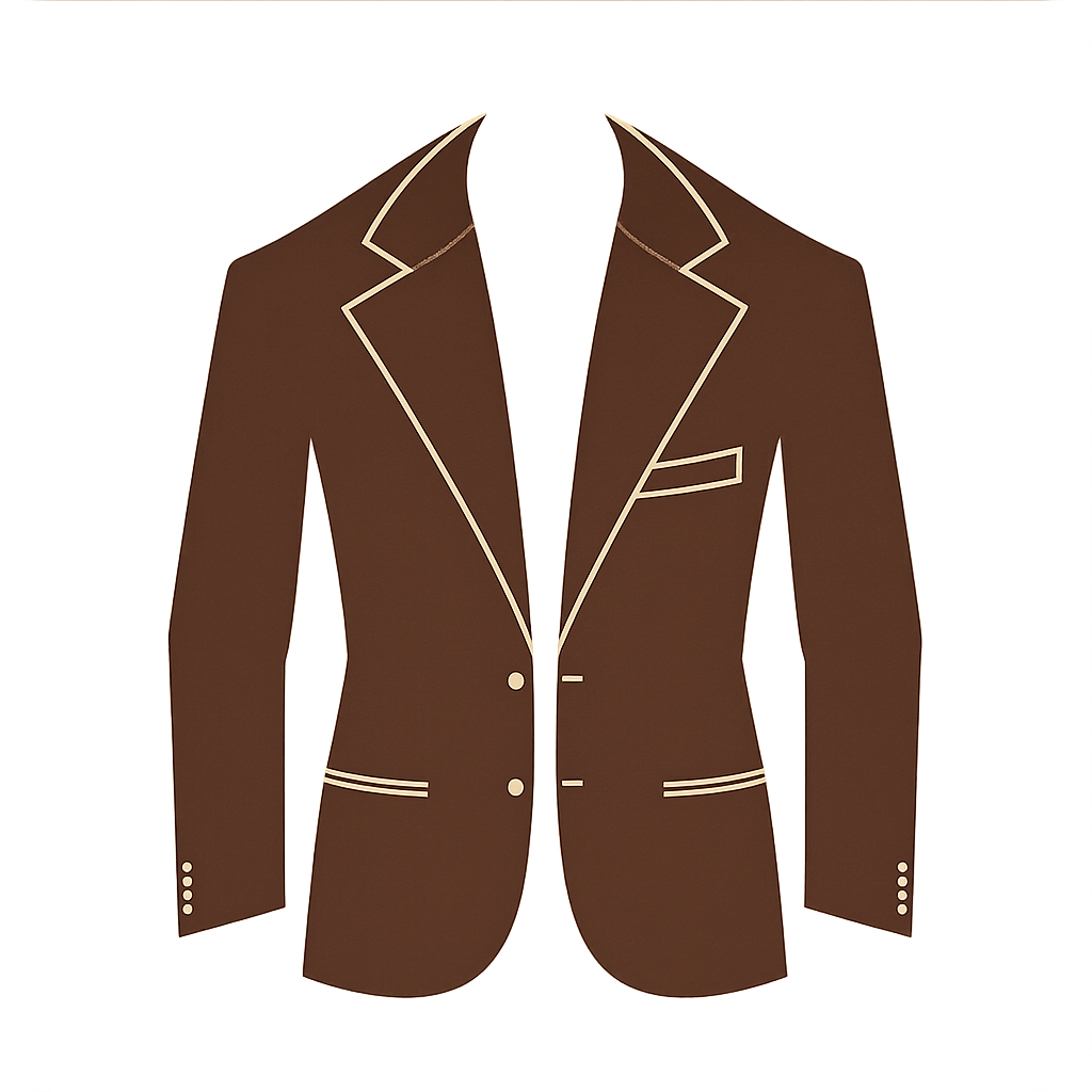 Illustration of two brown suits with white piping, facing each other, against a black background.