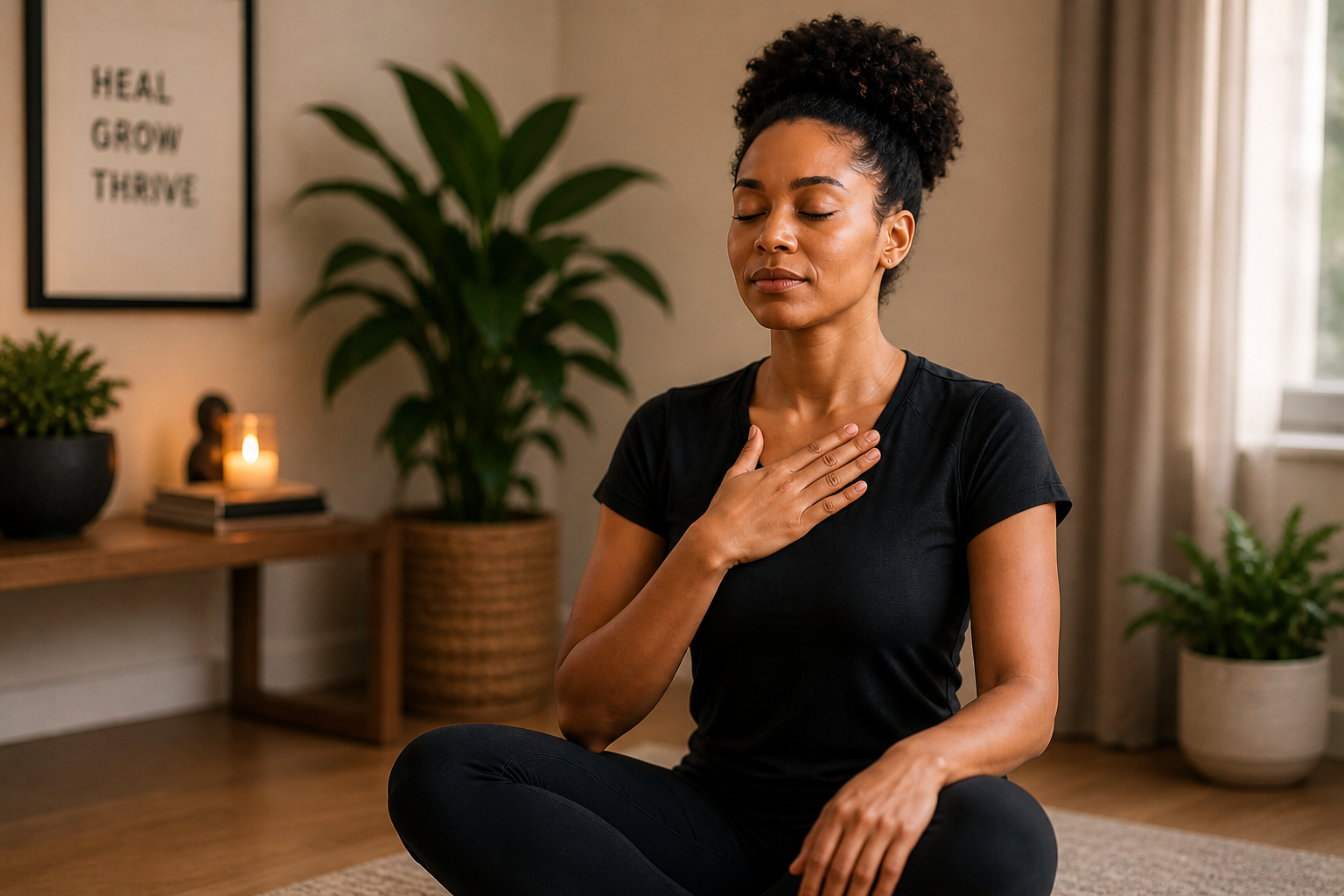 A woman practicing meditation or yoga indoors, sitting cross-legged with her hand on her chest and eyes closed.