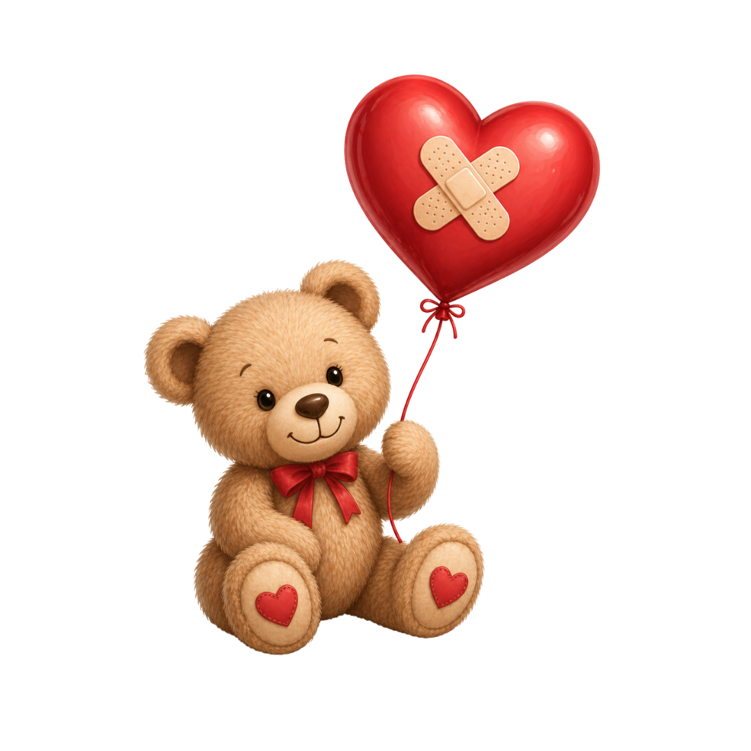 A cute teddy bear with a red bow holding a heart-shaped balloon with bandages on it.
