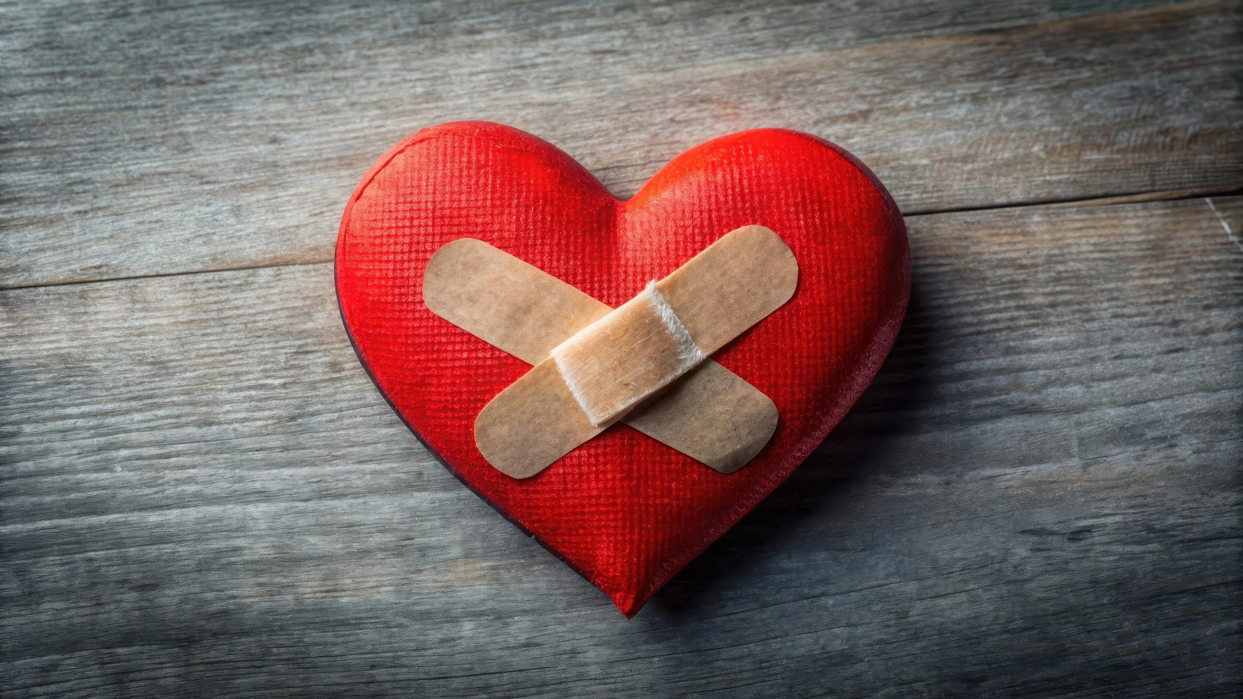 A red heart-shaped box with a band-aid crossing over it, placed on a wooden surface.