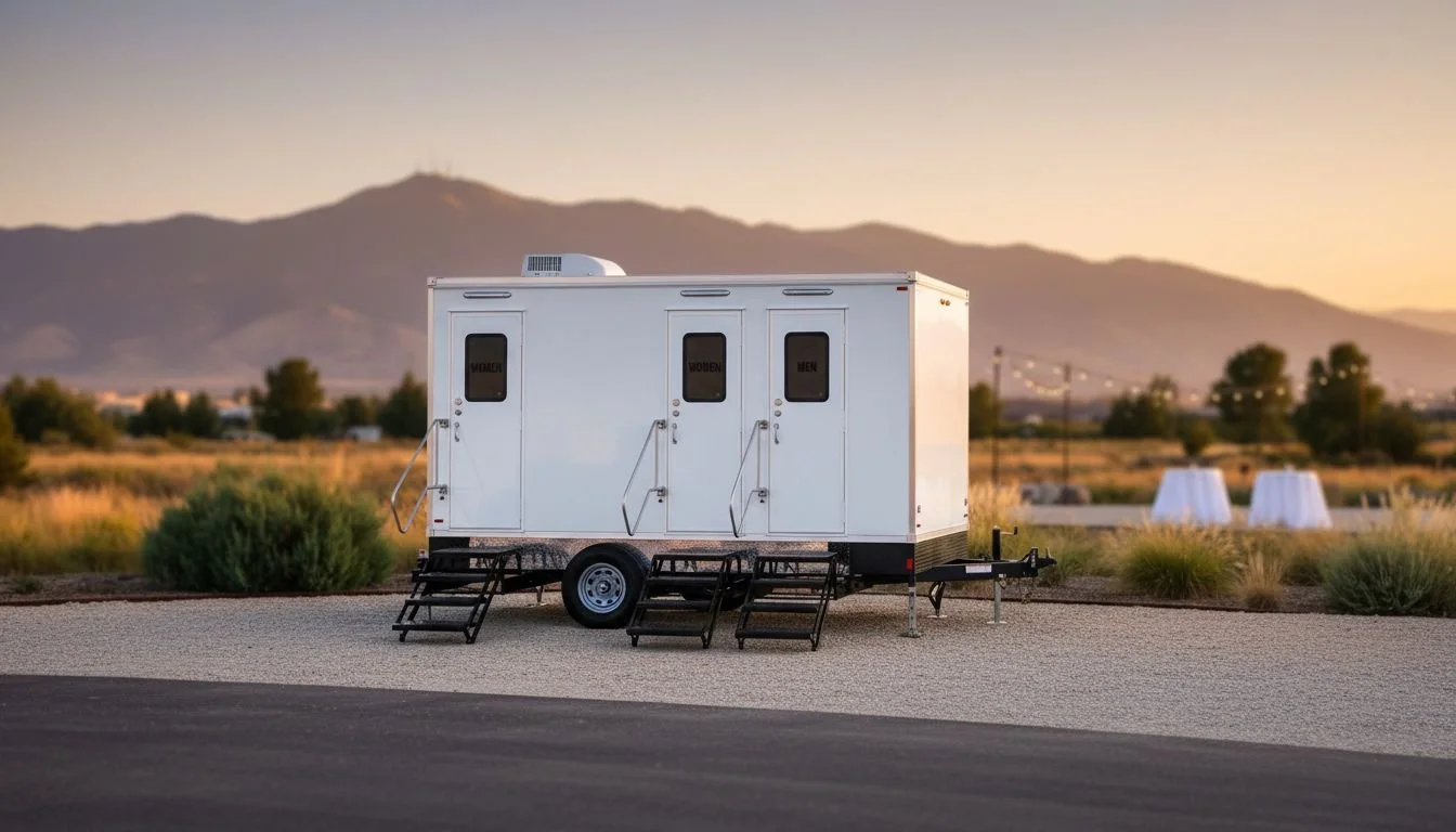 A white portable restroom trailer with separate doors for women and men, set outdoors on a gravel surface with mountains in the background during sunset.