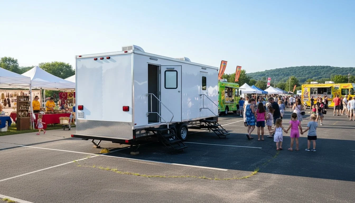 White food truck with steps leading to the entrance, surrounded by tents and people at an outdoor market or fair on a sunny day.