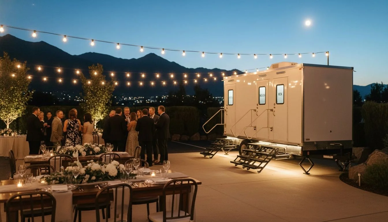 Guests mingling at a wedding reception outdoors during the evening with string lights overhead and mountains in the background.