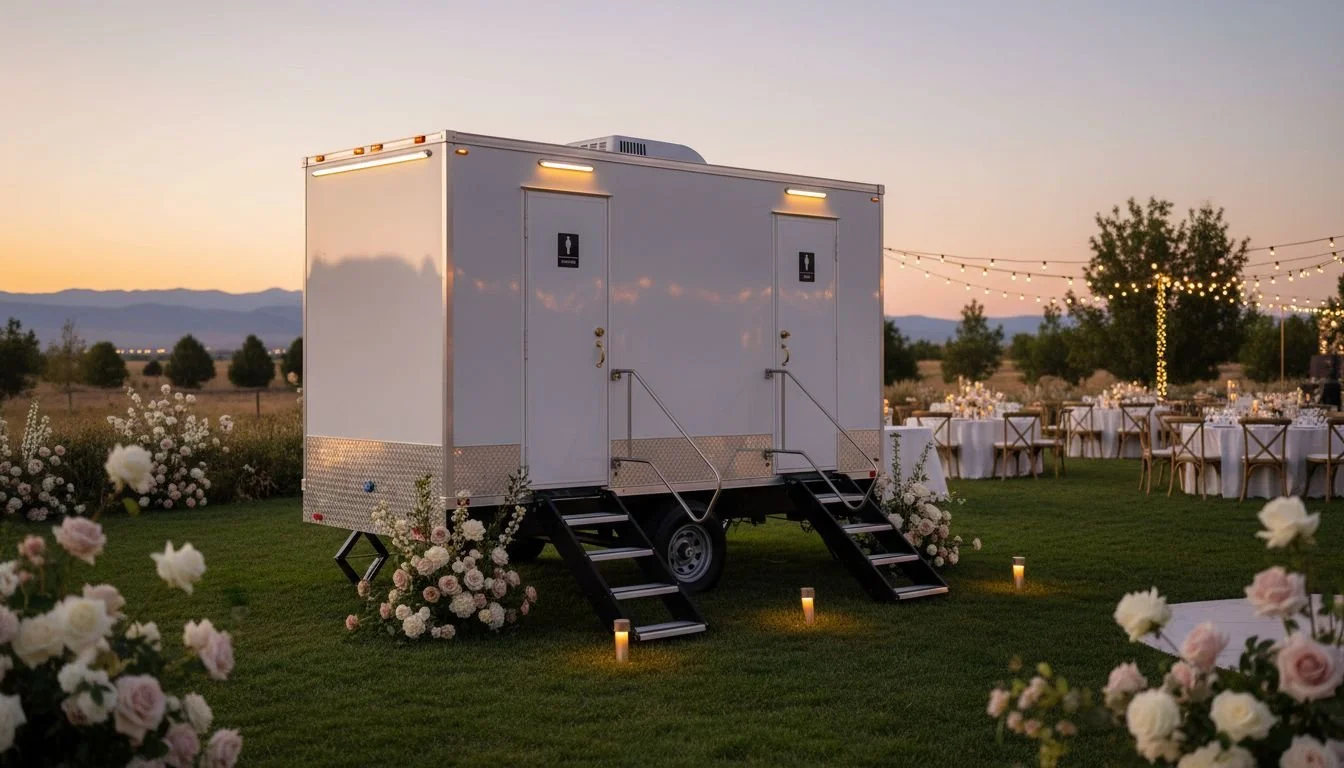 White portable restroom trailer with two doors, set up outdoors on a lawn at sunset, surrounded by floral arrangements and string lights, with tables and chairs in the background.