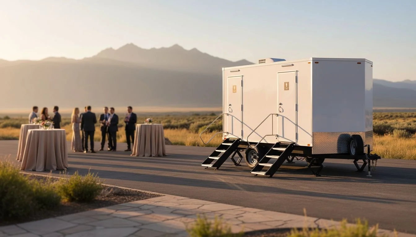 A wedding reception setup outdoors with several tables with tablecloths, a group of people in formal attire chatting, and a large mobile restroom trailer with stairs leading up to doors, all set against a scenic mountainous landscape at sunset.