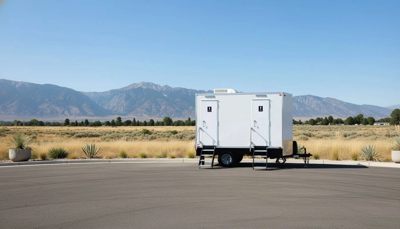 A white mobile restroom trailer with two doors, located on an empty paved area with mountains in the background and desert vegetation along the roadside.