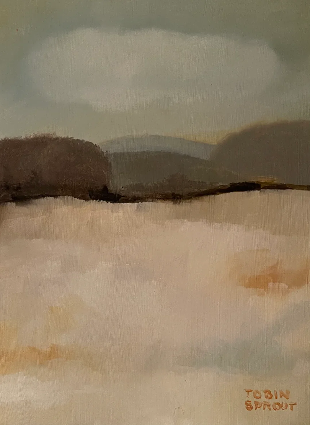 Field at Dusk 2. Oil on wood, 5.5 x 7.5 in (framed)