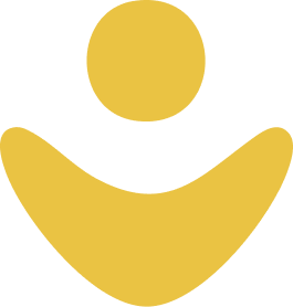 Abstract logo with a yellow circle above a yellow curved shape on a black background.