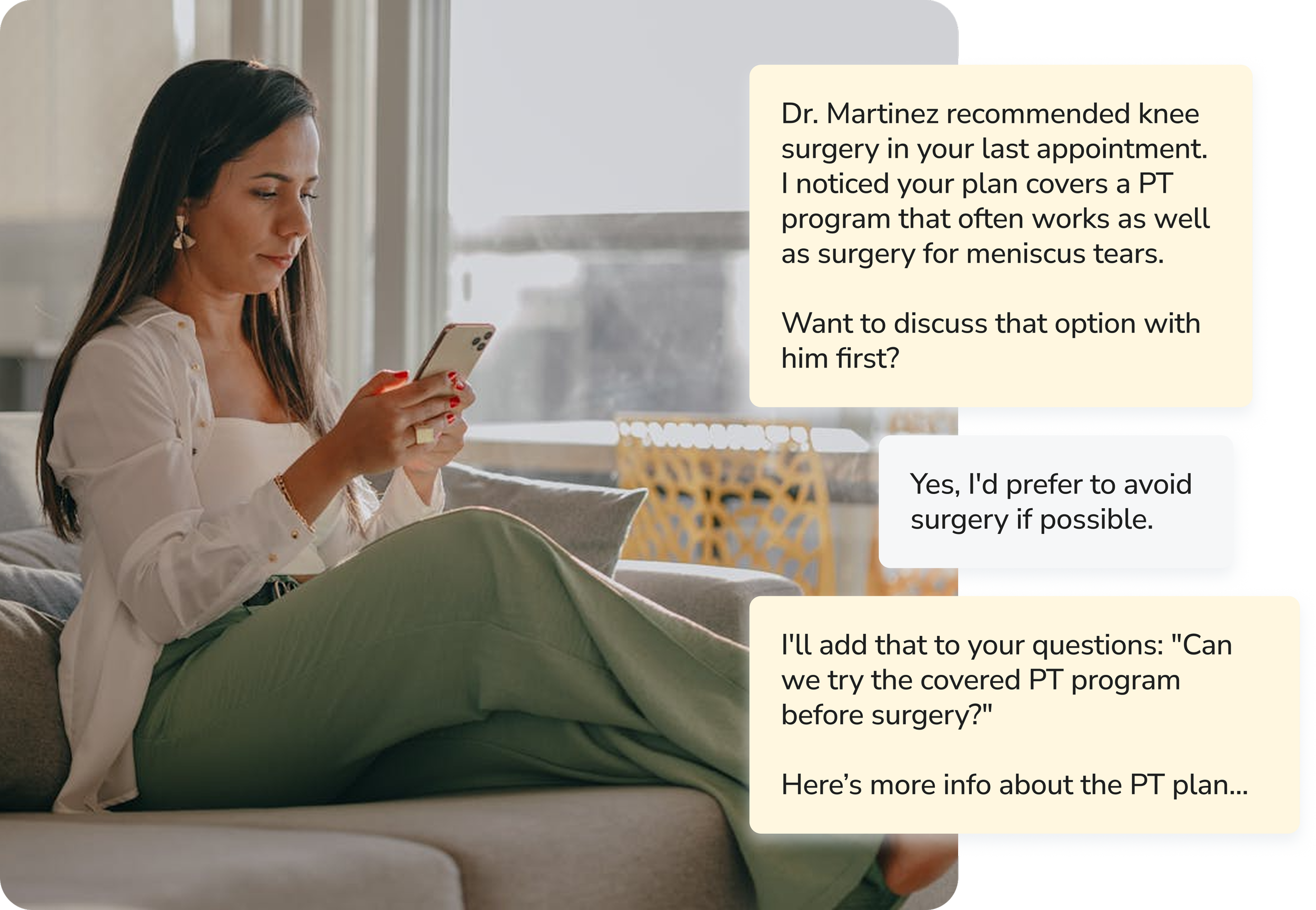 A woman with long dark hair, wearing a white blouse and green pants, sitting on a couch, looking at her phone. There are speech bubbles with medical-related text beside her.