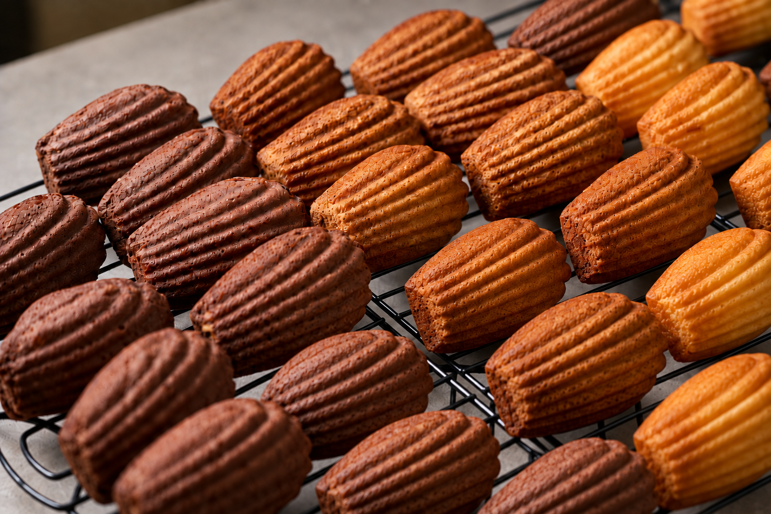 Rows of freshly baked mini bundt cakes in chocolate, caramel, and vanilla flavors cooling on a wire rack.
