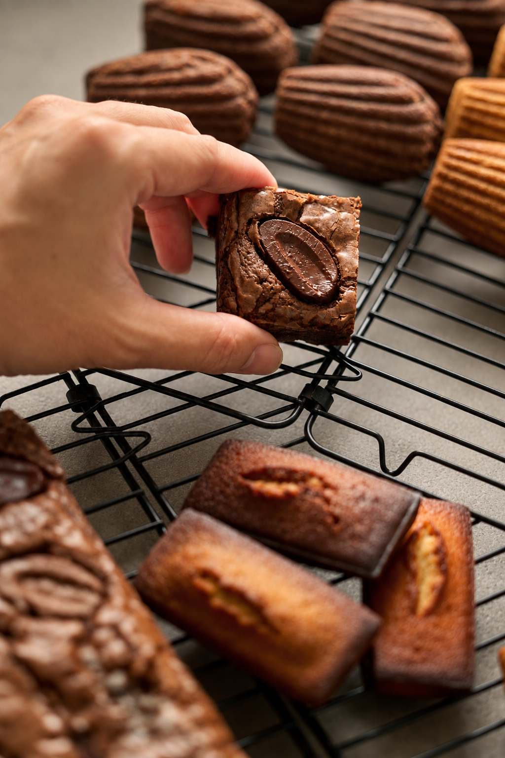 A hand holding a chocolate brownie with a coffee bean on top, with assorted baked goods on a wire cooling rack in the background.