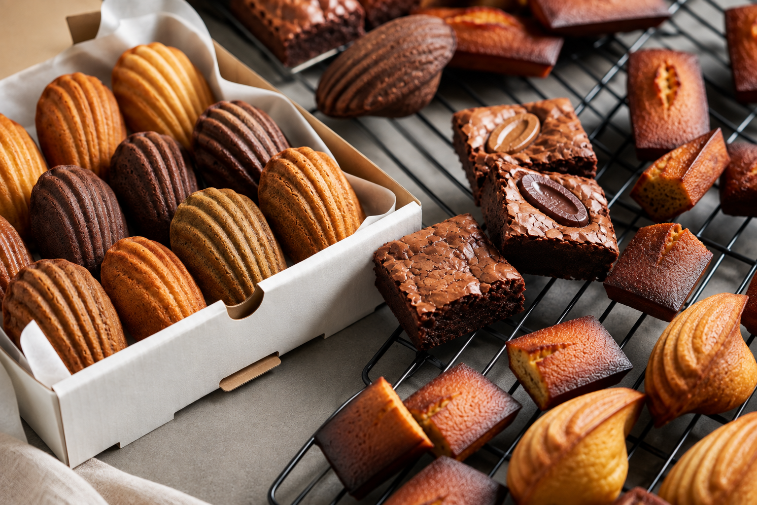 An assortment of baked goods including cookies, brownies, and madeleines are displayed on cooling racks and in a white box.