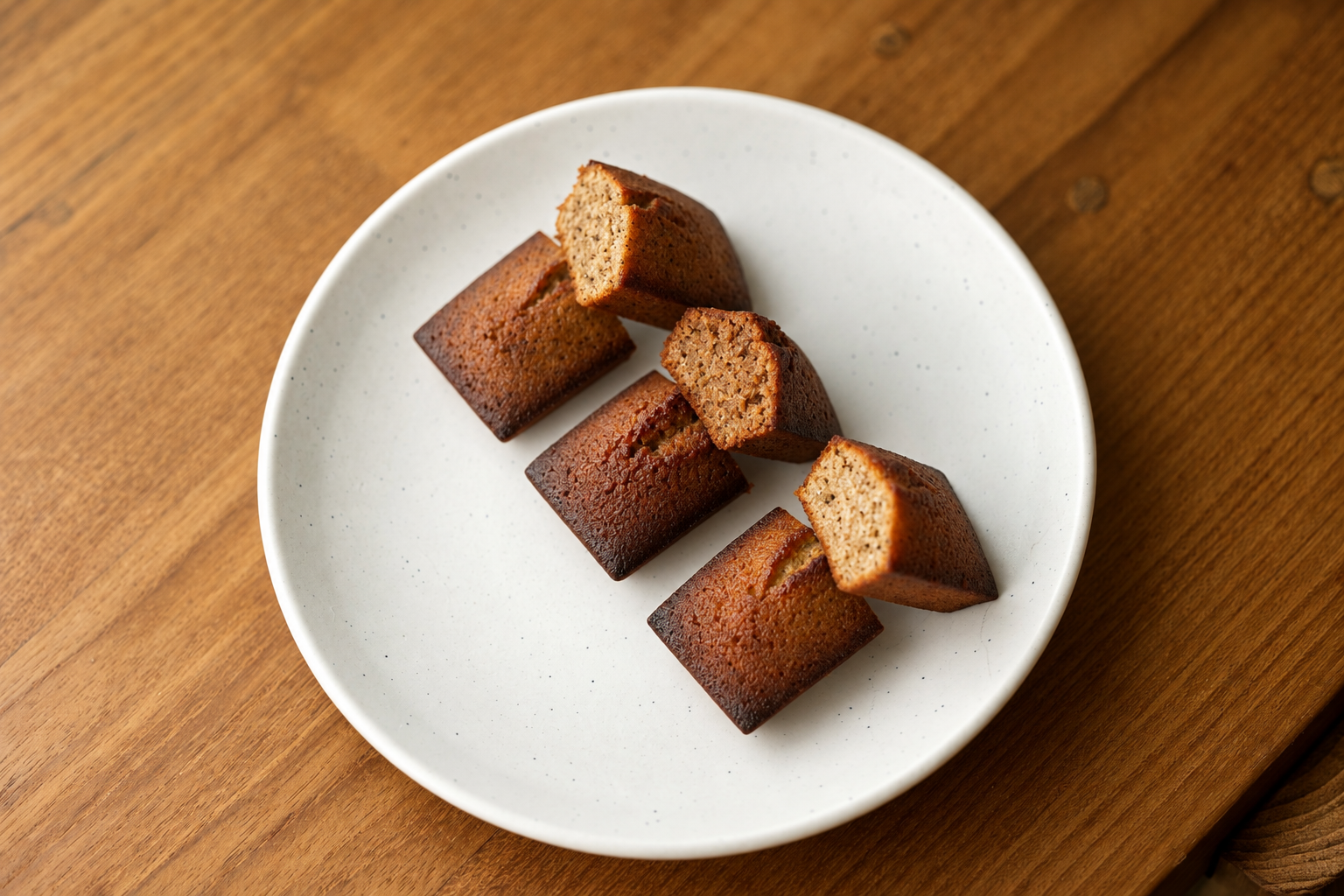 Six small rectangular slices of banana bread on a white plate on a wooden table.