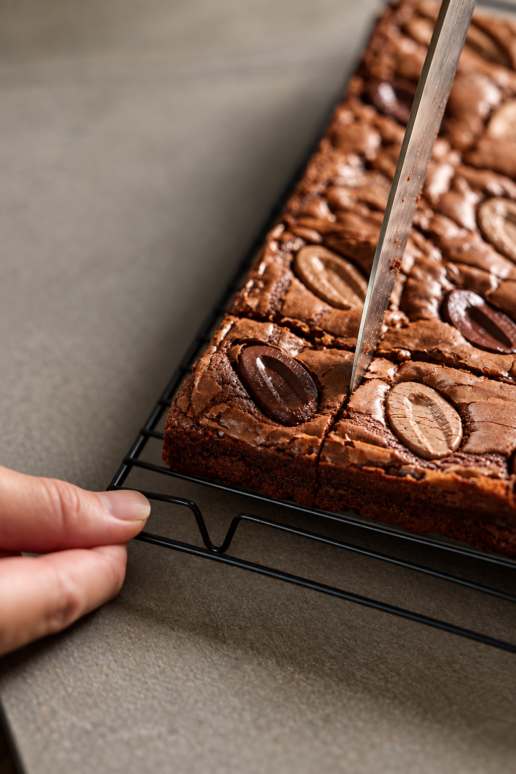 A person is cutting a homemade chocolate brownie cake decorated with Oreo cookies on a black wire cooling rack.