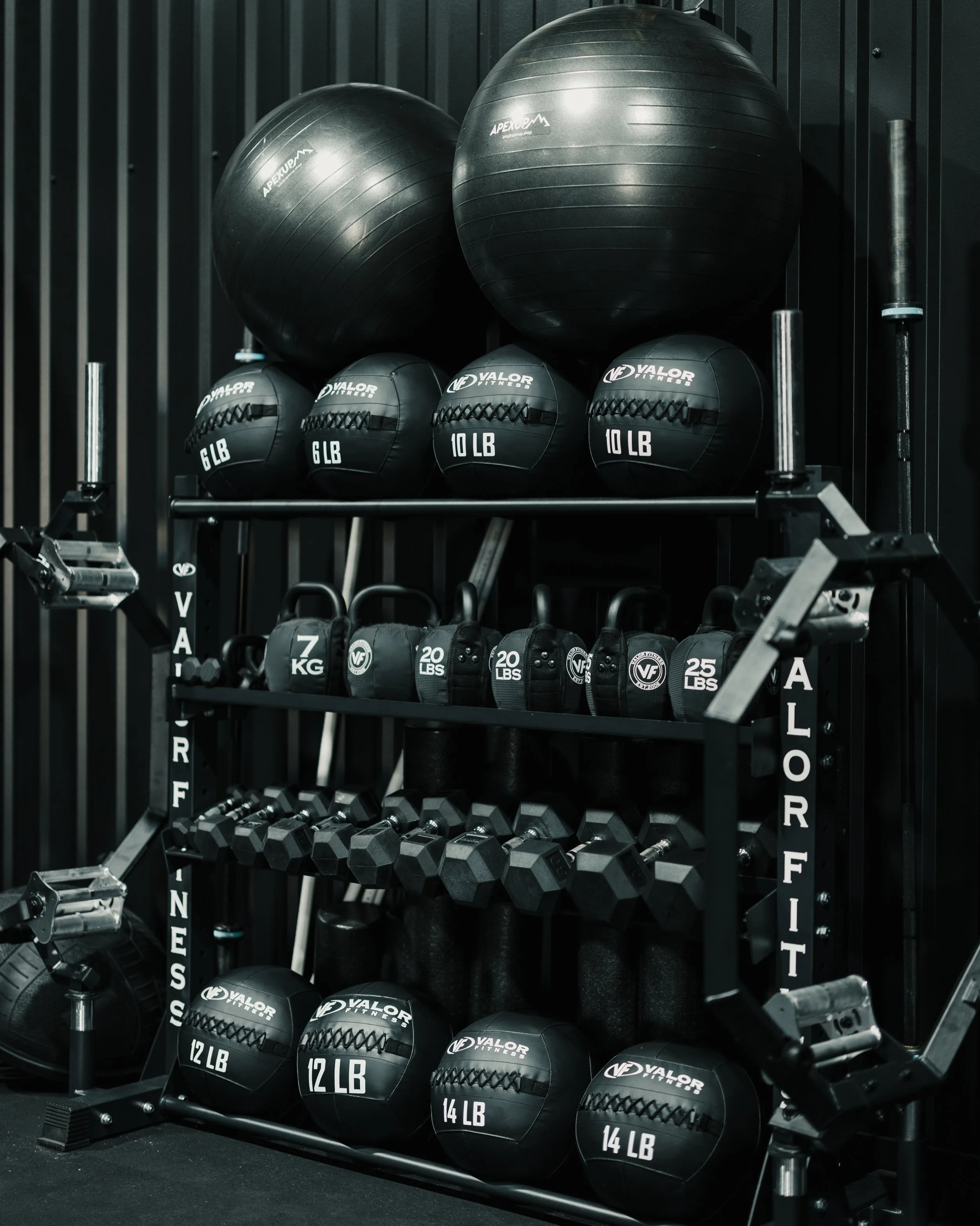 A black metal shelf holding large black medicine balls labeled with weight in pounds, ranging from 6 to 14 pounds, in a gym setting with black wall panels in the background.