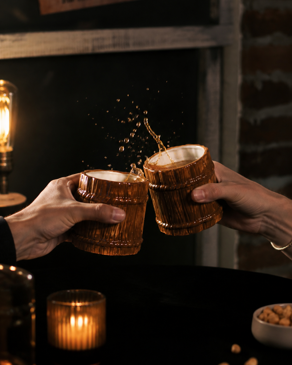 Two hands clinking brown ceramic mugs filled with a beverage, with splash effects, against a dimly lit background. Products from BarProducts.com