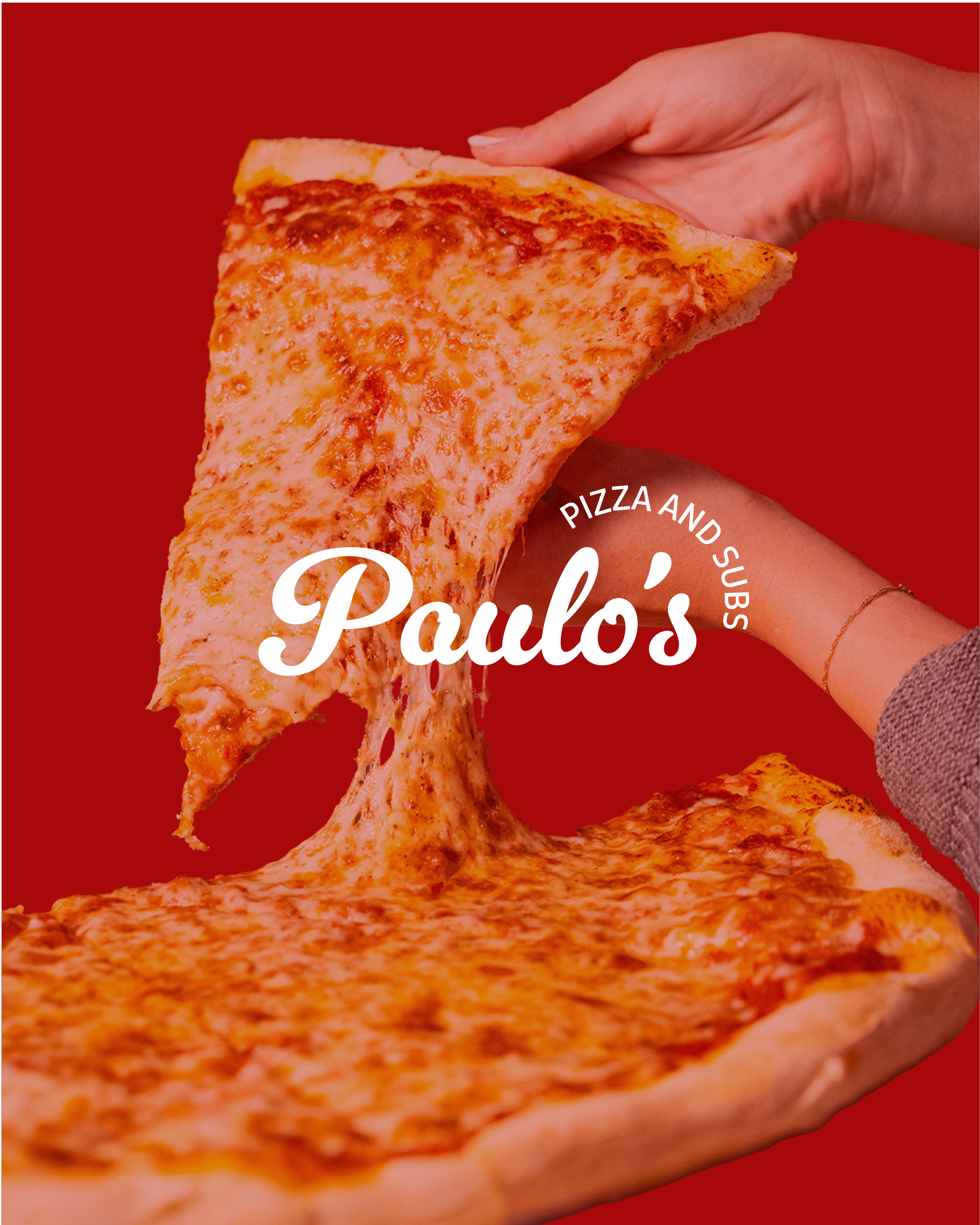 Close-up of a hand holding a slice of pepperoni pizza, with melted cheese stretching from the pizza to the crust, set against a red background.