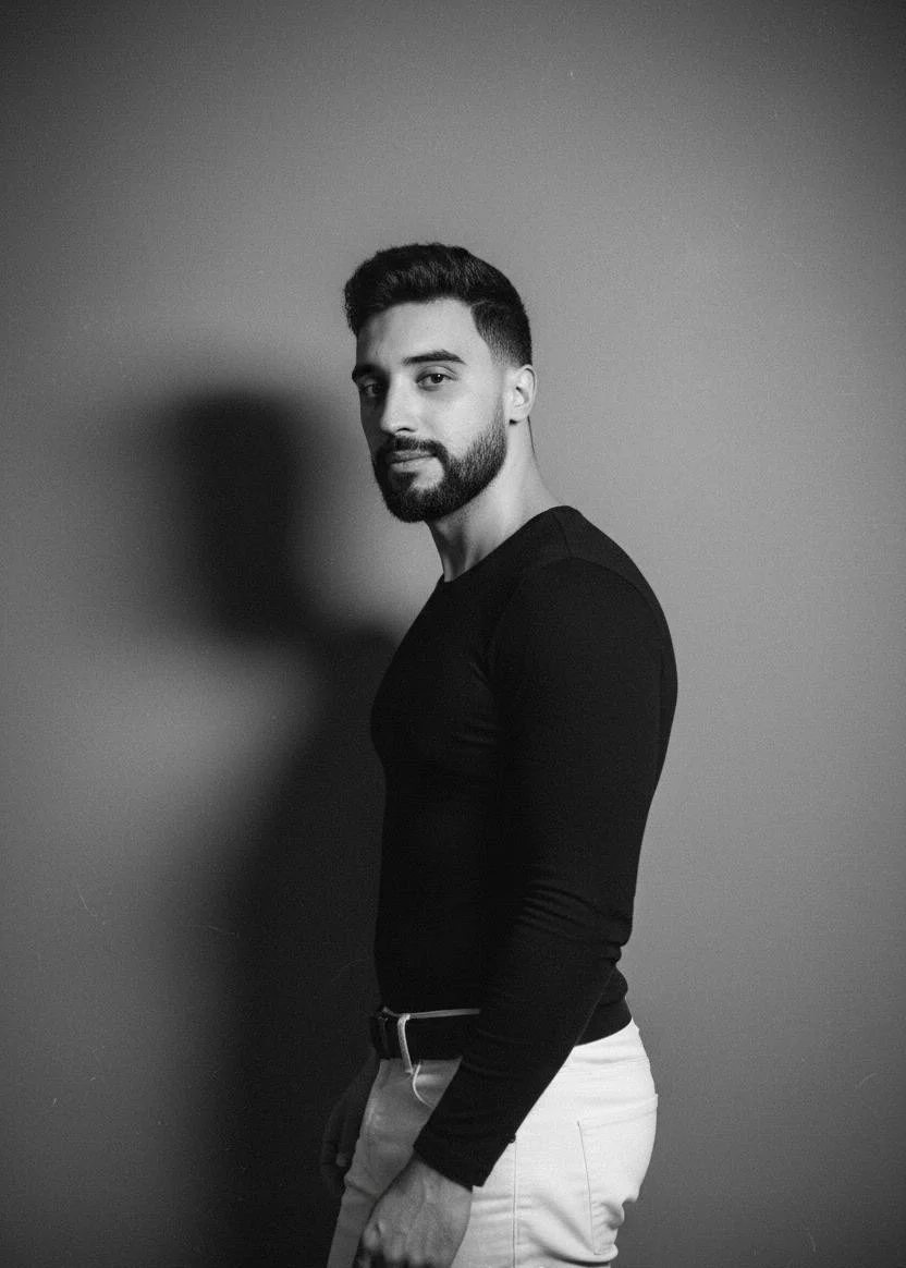 A black-and-white portrait of a man with a beard, wearing a black long-sleeve shirt and light-colored pants, standing against a plain wall with shadow on the left side.