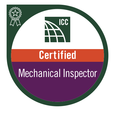 ICC Certified Mechanical Inspector badge with green, red, purple, and white colors.