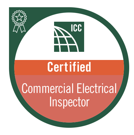 Certification badge for Commercial Electrical Inspector from ICC with a green border, a white and green logo, and orange and pink sections.