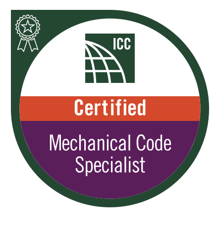 Circular certification badge with green, white, red, and purple sections, featuring the ICC logo and text indicating certified mechanical code specialist.