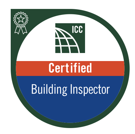 ICC Certified Building Inspector badge with green, white, red, and blue sections.
