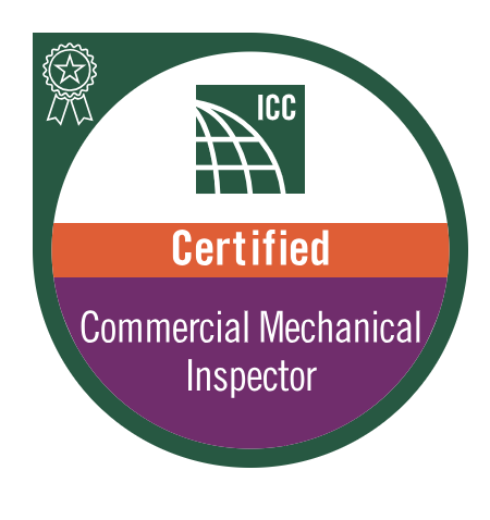 Certification badge for Commercial Mechanical Inspector from ICC with a green, orange, and purple color scheme.