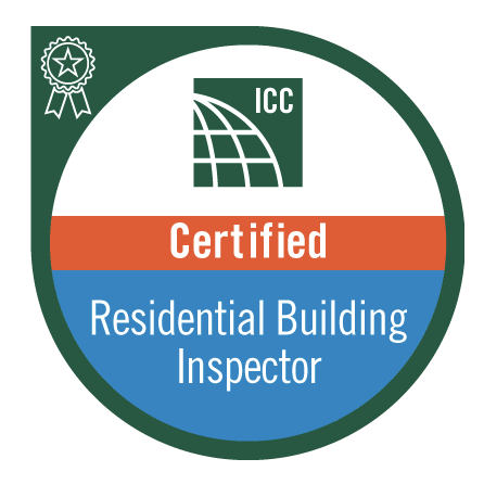 ICC Certified Residential Building Inspector badge with green, white, orange, and blue colors.