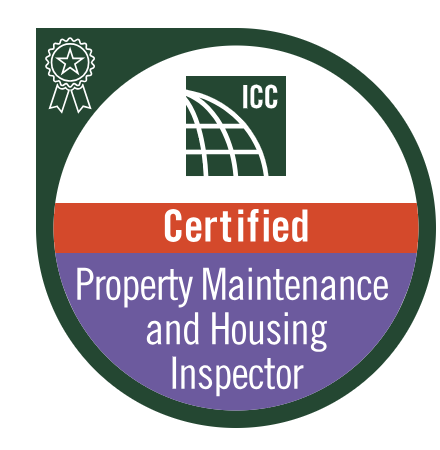 Certification badge from ICC indicating property maintenance and housing inspector.
